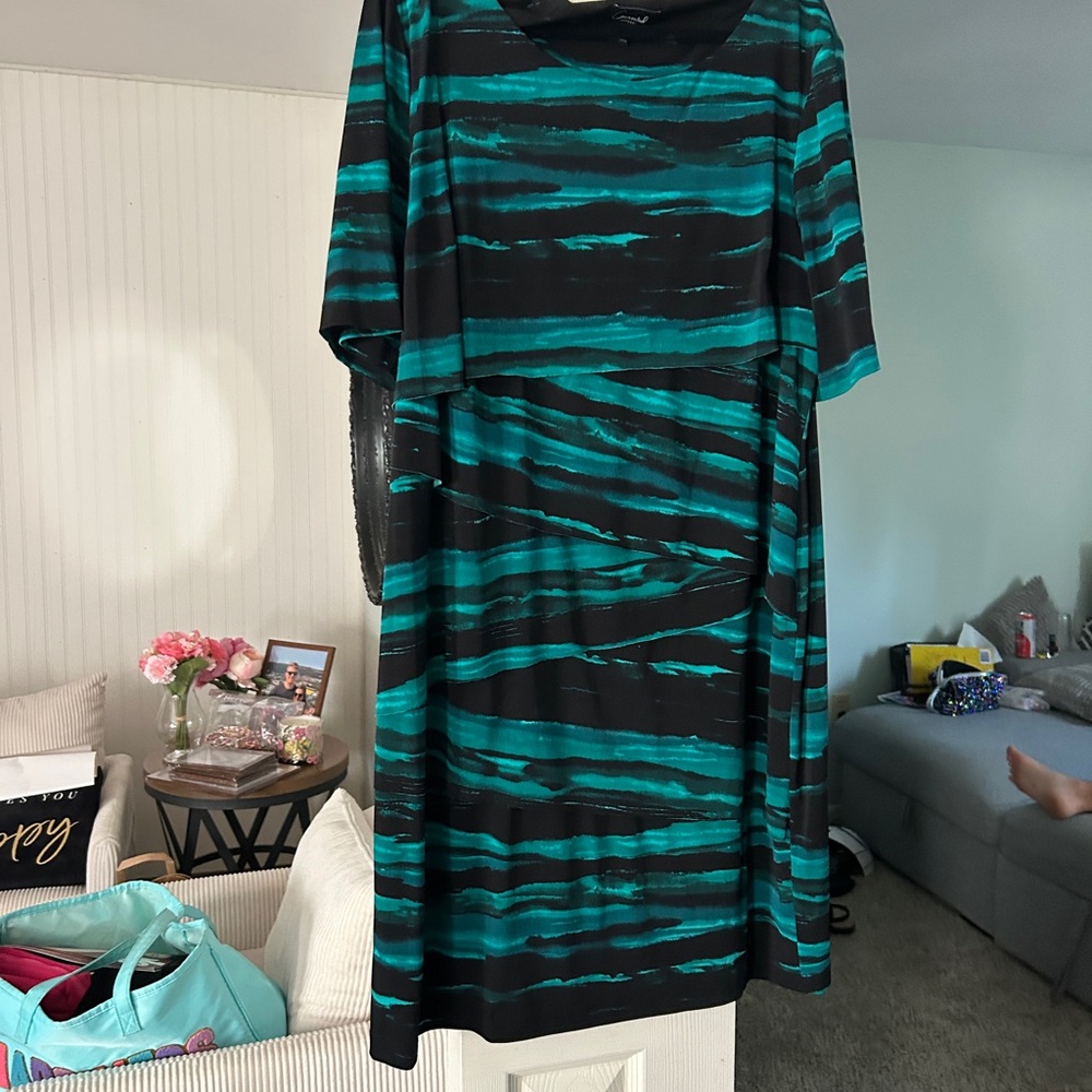 connected apparel Teal and Black Striped Midi Dress